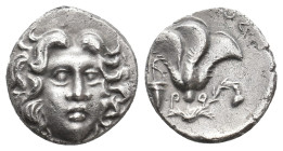CARIA. Rhodes. (Circa 300-150 BC). Uncertain magistrate. AR Hemidrachm.
Obv: Head of Helios facing slightly right.
Rev: Ρ Ο.
Rose with bud to right...