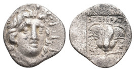 CARIA. Rhodes. (Circa 170-150 BC). AR Hemidrachm. Dexikrates, magistrate.
Obv: Radiate head of Helios facing slightly right.
Rev: ΔEΞIKPATHΣ / P - O...