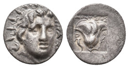 CARIA. Rhodes. (Circa 170-150 BC). AR Hemidrachm. Dionysios, magistrate.
Obv: Radiate head of Helios facing slightly right.
Rev: ΔIONYΣIOΣ / P - O....