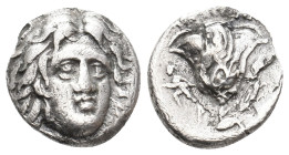 CARIA. Rhodes. Drachm (Circa 150-125 BC). Thrasymenes, magistrate.
Obv: Head of Helios facing slightly right.
Rev: [ΘΡΑΣΥΜΗΝΕΣ] / P - O.
Rose with ...