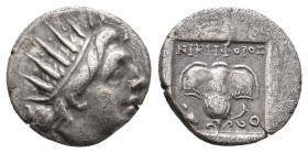 CARIA. Rhodes. (Circa 88-84 BC). Nikephoros, magistrate. AR Drachm.
Obv: Radiate head of Helios right.
Rev: NIKHΦOPOΣ / P - O.
Rose with bud to lef...
