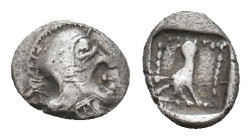 DYNASTS OF LYCIA. Uncertain dynast (Circa 4th century BC). AR Hemiobol.
Obv: Helmeted head of Athena right.
Rev: Bird (eagle?) standing right within...