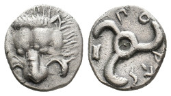 DYNASTS of LYCIA. Puresi. Uncertain mint. (Circa 380-360 BC). AR Tetrobol.
Obv: Facing lion scalp.
Rev: Triskeles; PU-RES (in Lycian) and astragalos...