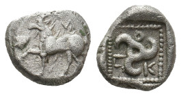 DYNASTS OF LYCIA. Kuprilli (Circa 470-435 BC). AR Tetrobol
Goat kneeling left, monogram (ivy leaf?) to left
K-O-Π
Triskeles, all in dotted square w...