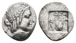 LYCIAN LEAGUE. (Late 1st century BC-early 1st century AD). AR Hemidrachm. Masikytes.
Obv: Λ-[Υ] Laureate head of Apollo to right.
Rev. M-A Kithara; ...