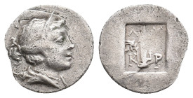 LYCIAN LEAGUE. (Circa 27-20 BC). 1/4 AR Drachm. Kragos.
Obv: Draped bust of Artemis to right, quiver at shoulder.
Rev. Λ-Υ /Κ-Ρ
Quiver; in left fie...