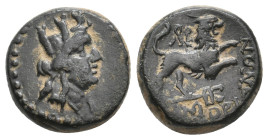 PHRYGIA. Amorion. (2nd-1st century BC). Ae.
Obv:Turreted head of Tyche, right.
Rev:ΑΜΟΡΙΑΝΩΝ ΚΛƐΑΡ.
Lion leaping on kerykeion right ; monogram to l...