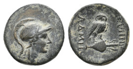 PHRYGIA. Synnada. Ae (2nd-1st centuries BC). Adme-, magistrate.
Obv: Helmeted head of Athena right.
Rev: ΣΥΝΝΑ / ΑΔΜΗ.
Owl, with head facing, stand...
