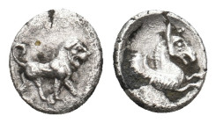 CILICIA (?) Uncertain. ( Circa 4th century BC). AR Hemiobol.
Obv: Lion standing right.
Rev: Winged horse proteme right.
Probably unpublished in the...