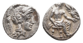 CILICIA. Uncertain. (4th century BC). AR Obol.
Obv: Helmeted head of Athena right.
Rev: Baaltars seated right on throne, holding eagle and sceptre....