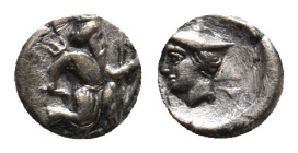 CILICIA. Uncertain.(Circa 4th BC). AR Tetartemorion.
Obv: Persian king or hero in kneeling-running stance right, holding dagger and bow
Rev: Head of...