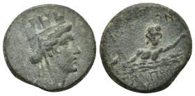 CILICIA. Hierapolis. (2nd-1st century BC). Ae.
Obv: Turreted, veiled, and draped bust of Tyche right; monogram to left
Rev: The river-god Pyramos sw...