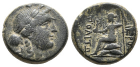 CILICIA. Hieropolis-Kastabala (Circa 200-30 BC). Ae.
Obv:Draped bust of Dionysos right, wreath with ivy, thyrsos over shoudler.
Rev: IEPA ΠOΛEITΩN
...