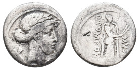 Q. POMPONIUS MUSA. AR, Denarius, 56 BC. Rome.
Obv: Laureate head of Apollo right; two crossed tibiae to left.
Rev: MVSA / Q POMPONI.
Euterpe (Muse ...
