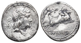 L. IULIUS BURSIO, 85 BC. AR, Denarius. Rome.
Obv: Laureate head right, with the attributes of Apollo, Mercury and Neptune; trident and star behind.
...