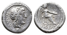 M. PORCIUS CATO, 89 BC. AR, Quinarius. Rome.
Obv: M CATO VI.
Head of Liber right, wearing ivy wreath.
Rev: VICTRIX.
Victory seated right on throne...