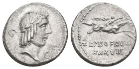 L. CALPURNIUS PISO FRUGI. 90 BC. AR, Denarius. Rome.
Obv: Laureate head of Apollo right; Q behind.
Rev: L PISO FRVGI / XXXVM.
Horseman galloping ri...