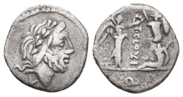 T. CLOELIUS, 98 BC. AR, Quinarius. Rome.
Obv: Laureate head of Jupiter right.
Rev: T CLOVI / Q.
Victory standing right, crowning trophy; before tro...