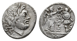 P. SABINUS, 99 BC. AR, Quinarius. Rome.
Obv: Laureate head of Jupiter right.
Rev: P SABIN.
Victory standing right, crowning trophy with wreath; to ...