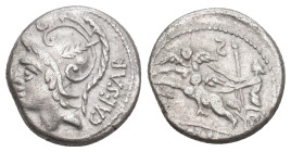 L. JULIUS L. F. CAESAR, 103 BC. AR, Denarius. Rome.
Obv: CAESAR.
Helmeted head of Mars, left.
Rev: [L IVLI L F].
Venus driving biga of Cupids left...