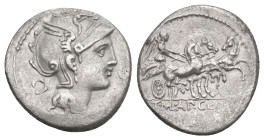 APPIUS CLAUDIUS PULCHER, T. MANLIUS MANCIUS and Q. URBINIUS, 111-110 BC. AR, Denarius Rome.
Obv: Helmeted head of Roma right.
Rev: T M AP CL […].
V...
