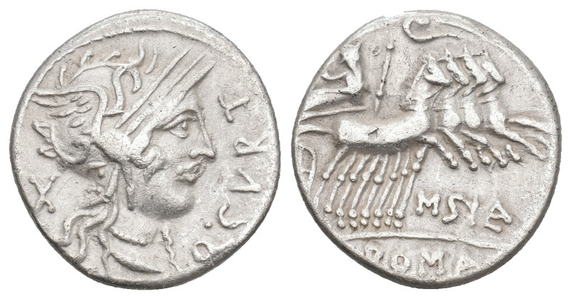 Q. CURTIUS AND M. SILANUS, 116-115 BC. AR, Denarius. Rome.
Obv: Q CVRT.
Helmet...