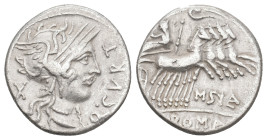 Q. CURTIUS AND M. SILANUS, 116-115 BC. AR, Denarius. Rome.
Obv: Q CVRT.
Helmeted head of Roma right; X (mark of value) behind.
Rev: M SILA / ROMA....