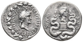 Marc Antony and Octavia, 39 BC. AR, Cistophoric Tetradrachm. Ionia, Ephesus.
Obv: M•ANTONIVS•IMP•COS•DESIG•ITERET•TERT.
Head of Antony right, wearin...