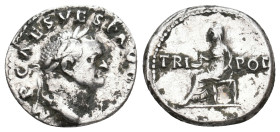 VESPASIAN, 69-79 AD. AR, Denarius. Rome.
Obv: IMP CAES VESP AVG P M.
Laureate head of Vespasian, right.
Rev: TRI POT.
Vesta veiled and draped seat...