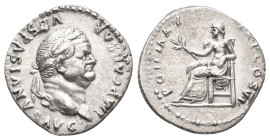 VESPASIAN, 69-79 AD. AR, Denarius. Rome.
Obv: IMP CAESAR VESPASIANVS AVG.
Laureate head of Vespasian, right.
Rev: PON MAX TR P COS VI.
Pax seated ...
