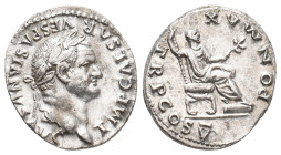 VESPASIAN, 69-79 AD. AR, Denarius. Rome.
Obv: IMP CAESAR VESPASIANVS AVG.
Laureate head of Vespasian, right.
Rev: PON MAX TR P COS V.
Vespasian se...