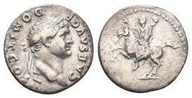 DOMITIAN Caesar, 69-81 AD. AR, Denarius. Rome.
Obv: CAES AVG F DOMIT COS II.
Laureate head of Domitian, right.
Rev: Domitian on horseback, rearing ...