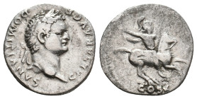 DOMITIAN Caesar, 69-81 AD. AR, Denarius. Rome.
Obv: CAESAR AVG F DOMITIANVS.
Laureate head of Domitian, right.
Rev: COS V.
Warrior riding horse ri...