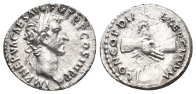 NERVA, 96-98 AD. AR, Denarius. Rome.
Obv: IMP NERVA CAES AVG P M TR P COS II P P.
Laureate head of Nerva, right.
Rev: CONCORDIA EXERCITVM.
Clasped...