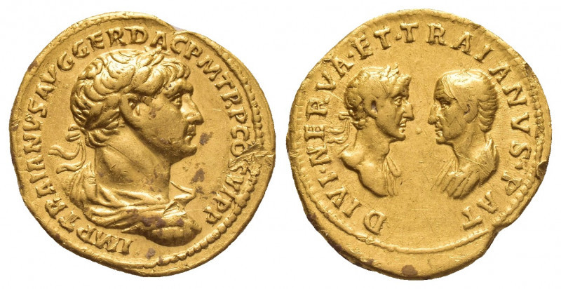 TRAJAN, 98-117 AD, with Divus Nerva and Divus Trajan Pater. AV. Rome.
Obv: IMP ...
