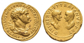 TRAJAN, 98-117 AD, with Divus Nerva and Divus Trajan Pater. AV. Rome.
Obv: IMP TRAIANVS AVG GER DAC P M TR P COS VI P P.
Laureate, draped and cuiras...