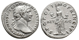 TRAJAN, 98-117 AD. AR, Denarius. Roma.
Obv: IMP TRAIANO AVG GER DAC P M TR P COS VI P P.
Laureate head to right, drapery on left shoulder.
Rev: SPQ...