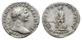 TRAJAN, 98-117 AD. AR, Denarius. Rome.
Obv: IMP TRAIANO AVG GER DAC P M TR P.
Laureate bust of Trajan, right; with slight drapery.
Rev: COS V P P S...