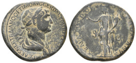 TRAJAN, 98-117 AD. AE, Sestertius. Rome.
Obv: IMP CAES NER TRAIANO OPTIMO AVG GER DAC P M TR P COS VI P P.
Laureate and draped bust of Trajan, right...