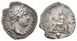 HADRIAN, 117-138 AD. AR, Denarius. Rome.
Obv: HADRIANVS AVGVSTVS.
Laureate head of Hadrian, right.
Rev: COS III.
Victory seated left, holding wrea...
