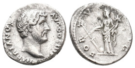 HADRIAN, 117-138 AD. AR, Denarius. Rome.
Obv: HADRIANVS AVG COS III P P.
Bare head of Hadrian, right.
Rev: FORTVNA AVG.
Fortuna standing left, hol...