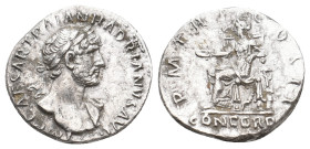 HADRIAN, 117-138 AD. AR, Denarius. Rome.
Obv: IMP CAESAR TRAIAN HADRIANVS AVG.
Laureate bust of Hadrian, right; slight drapery on far shoulder.
Rev...
