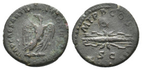 HADRIAN, 117-138 AD. AE, Quadrans. Rome.
Obv: IMP CAESAR TRAIAN HADRIANVS AVG.
Eagle standing facing, head left, wings spread.
Rev: P M TR P COS II...