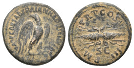 HADRIAN, 117-138 AD. Quadrans. Rome.
Obv: IMP CAESAR TRAIAN HADRIANVS AVG.
Eagle standing facing, head left, wings spread.
Rev: P M TR P COS III / ...
