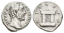 DIVUS ANTONINUS PIUS, Died 161 AD. AR, Denarius. Rome.
Obv: DIVVS ANTONINVS.
Head of Antoninus Pius, right.
Rev: DIVO PIO.
Altar.
RIC 441 (Marcus...