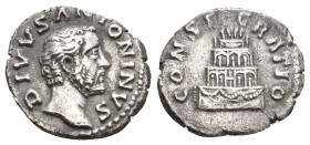 ANTONINUS PIUS, 138-161 AD. AR, Denarius. Rome.
Obv: DIVVS ANTONINVS.
Bare head of Antoninus Pius, right.
Rev: CONSECRATIO.
Funeral pyre of four t...