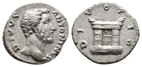 DIVUS ANTONINUS PIUS, Died 161 AD. AR, Denarius. Rome.
Obv: DIVVS ANTONINVS.
Bare head of Antoninus Pius, right.
Rev: DIVO PIO.
Altar with two doo...