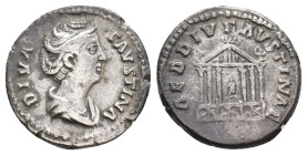 DIVA FAUSTINA I, Died 140/1 AD. AR, Denarius. Rome.
Obv: DIVA FAVSTINA.
Draped bust of Faustina, right.
Rev: AED DIV FAVSTINAE.
Hexastyle temple, ...