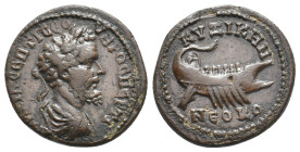 MYSIA. Cyzicus. Septimius Severus, AD 193-211. AE.
Obv: AY KAI Λ CEΠTI CEOYHPOC ΠEPTI.
Laureate, draped and cuirassed bust of Septimius Severus, rig...
