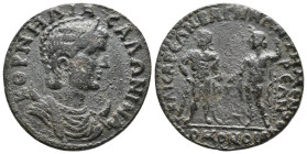 LYDIA, Bagis. Salonina, Augusta, 254-268 AD. AE. Homonoia with Temenothyrai in Phrygia.
Obv: ΚΟΡΝΗΛΙΑ ΣΑΛΩΝΙΝΑ.
Diademed and draped bust of Salonina...